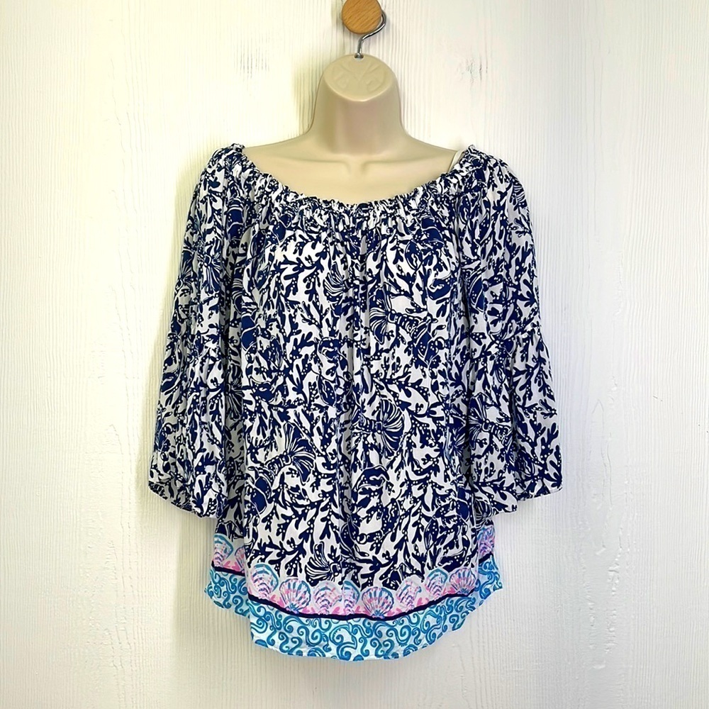 Lilly Pulitzer - Nevie Blue Oyster Bay Blue Krillin It Off The Shoulder Top SM